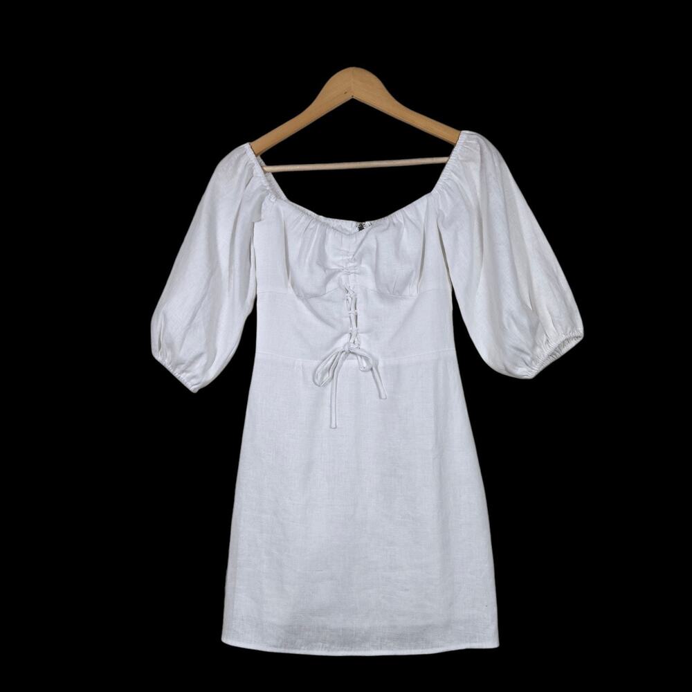 Reformation Kathryn 100% Linen Mini Dress sz 2 White Puff Sleeve Lace Up Bodice